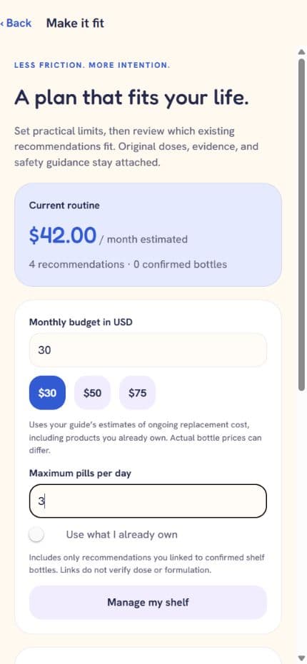 Wellpicked Make it fit screen with estimated monthly cost, budget input, and maximum daily pills