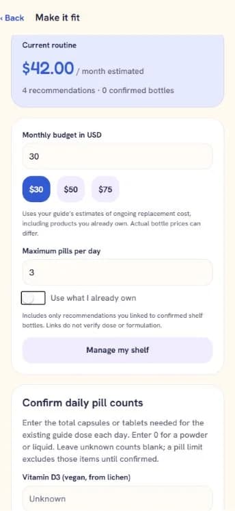 Wellpicked Make it fit screen with estimated monthly cost, budget input, and maximum daily pills