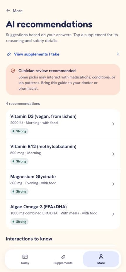 Wellpicked AI recommendations with evidence grades and clinician-review context
