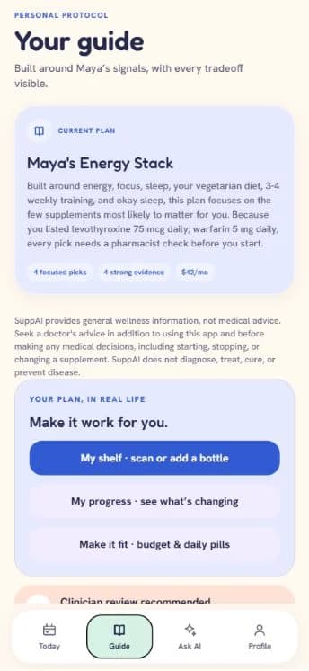 Wellpicked personal guide with a monthly estimate, medication-review context, and plan controls