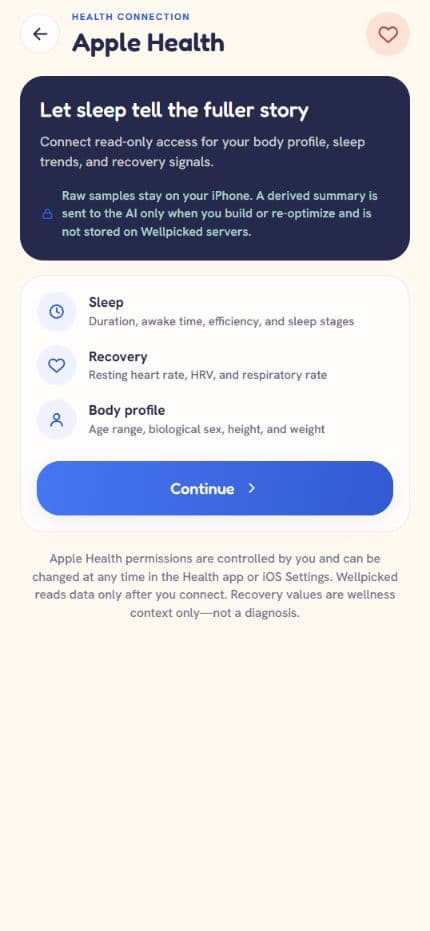 Wellpicked Apple Health connection screen explaining optional read-only access