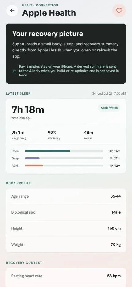 Wellpicked Apple Health screen with sleep summary, profile, and recovery context